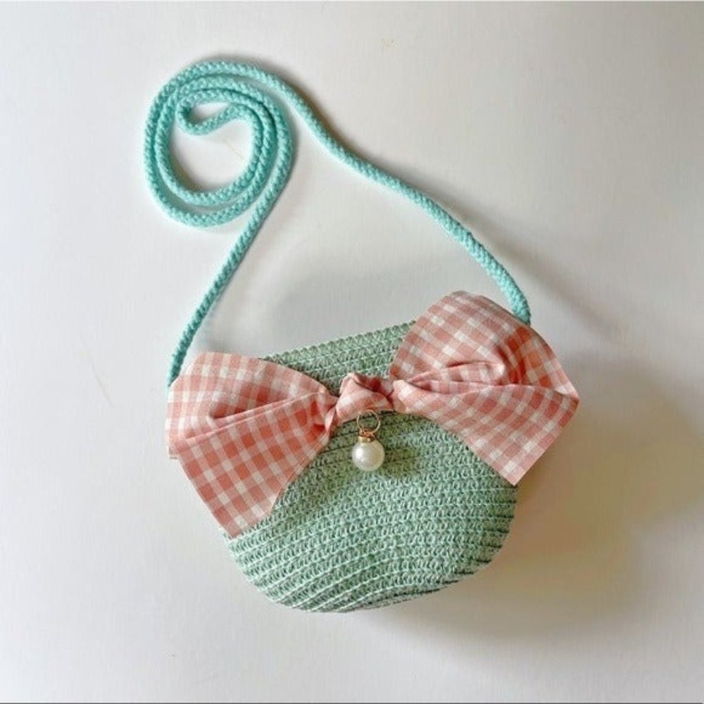 Mint Crochet Crossbody Bag with Pink Gingham Bow